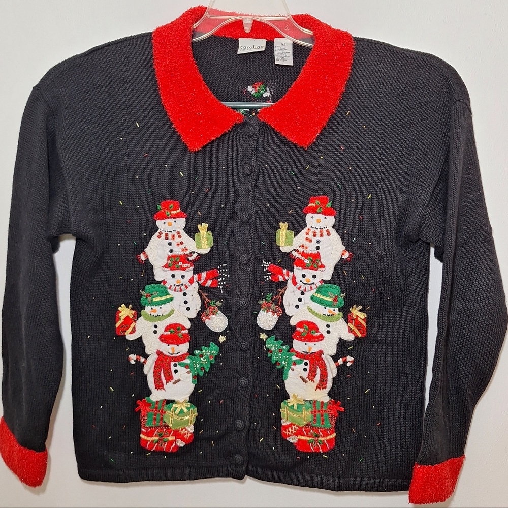 Vintage Womens Ugly Christmas Sweater Size Lg Cardigan Snowman Applique Party